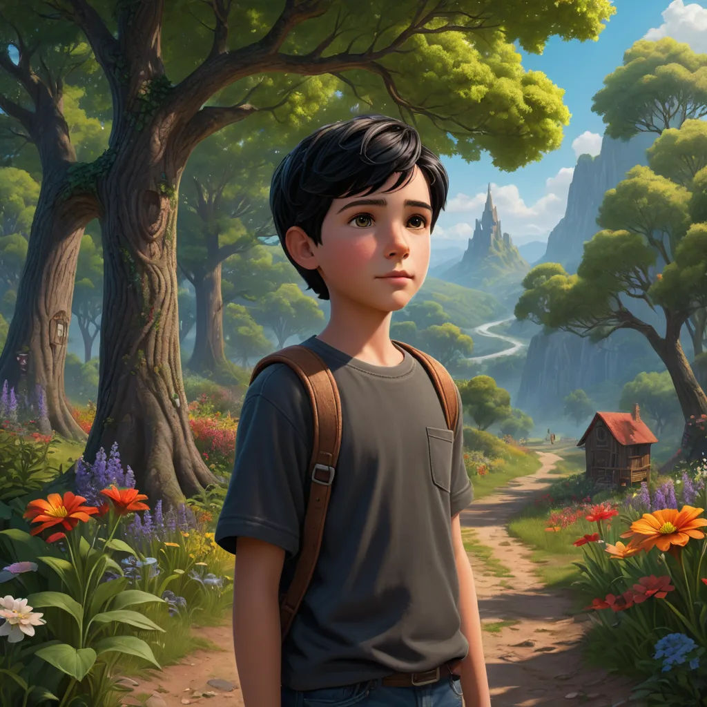 a boy standing in a forest with a backpack on his shoulder and a house in the background with a mountain range in the background, photorealism, a detailed matte painting, Aaron Jasinski, cgstudio