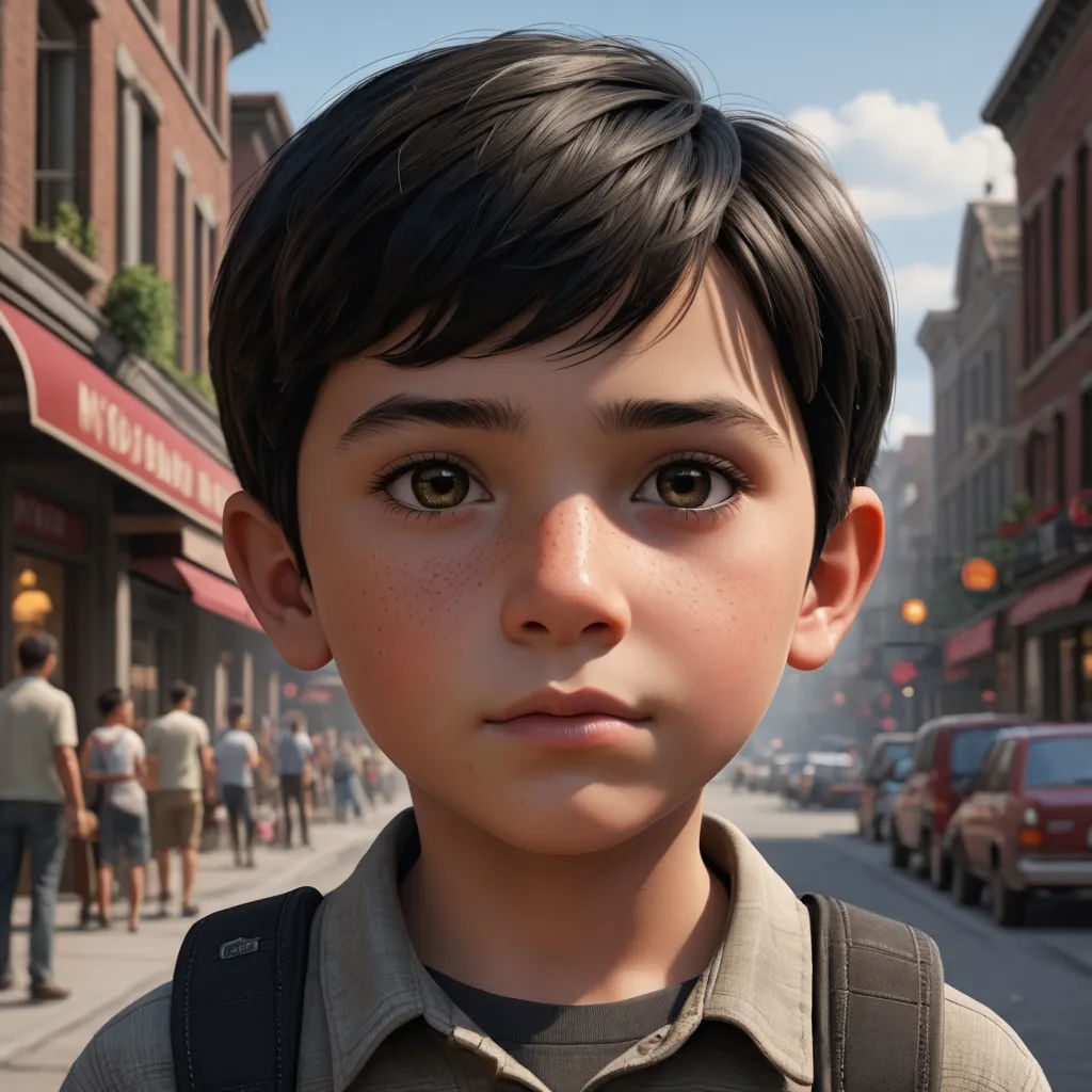 a young boy with a backpack on a city street with pedestrians and buildings in the background, looking at the camera, photorealism, a character portrait, Eddie Mendoza, cgstudio