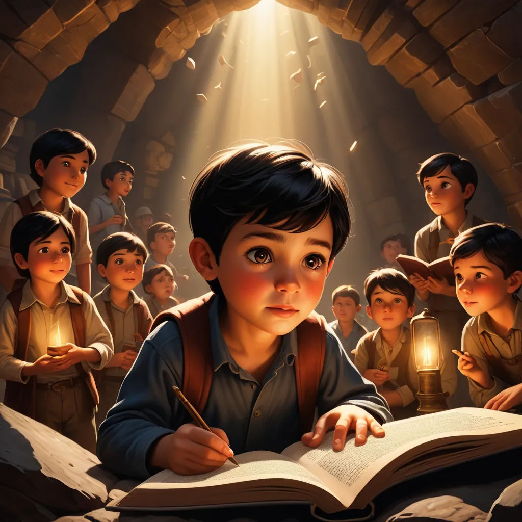 a boy is reading a book while surrounded by other children and a light shining from the book in the middle, serial art, a storybook illustration, Alejandro Burdisio, rossdraws global illumination
