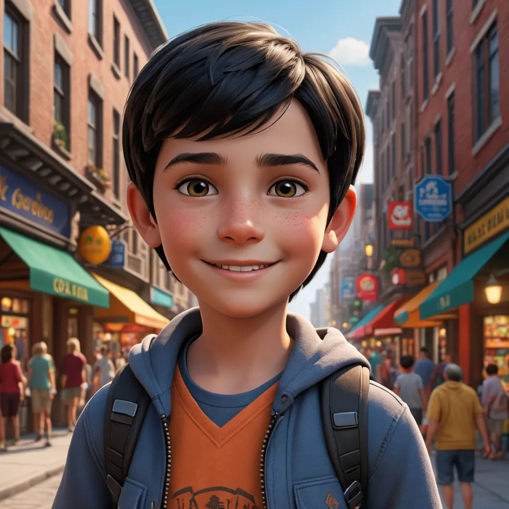 a cartoon boy with a backpack on a city street with people walking around him and a building in the background, photorealism, a character portrait, David Park, cgstudio