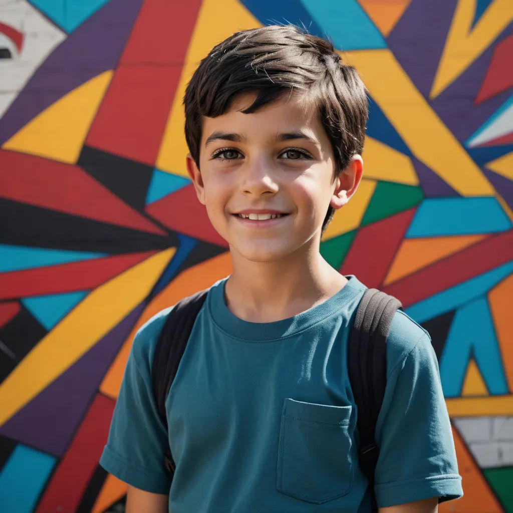 a boy standing in front of a colorful wall with a backpack on his back and a backpack on his shoulder, vancouver school, a child's drawing, Art & Language, kai carpenter