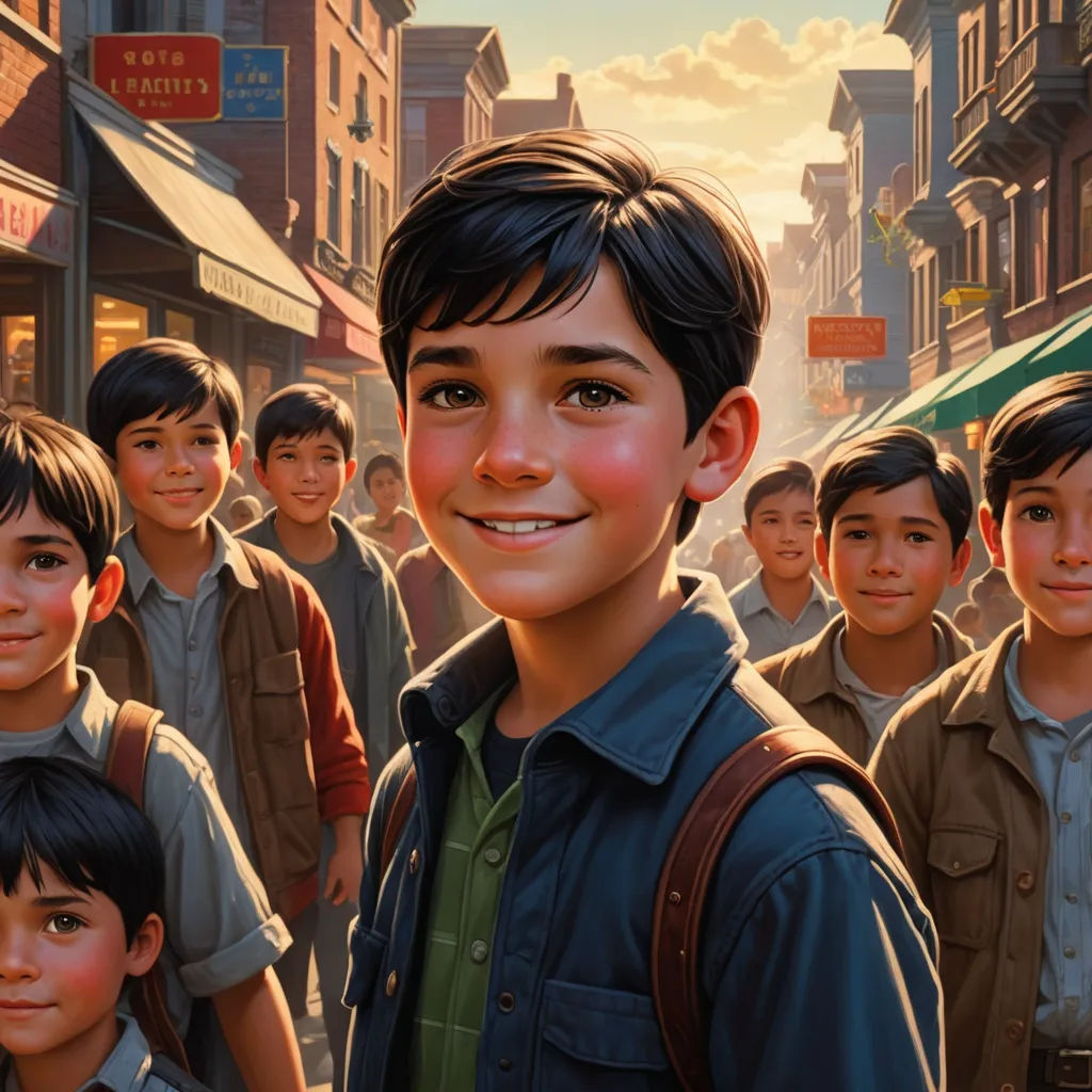 a painting of a boy standing in front of a group of boys in a city street with a building in the background, american scene painting, a storybook illustration, Drew Struzan, key art