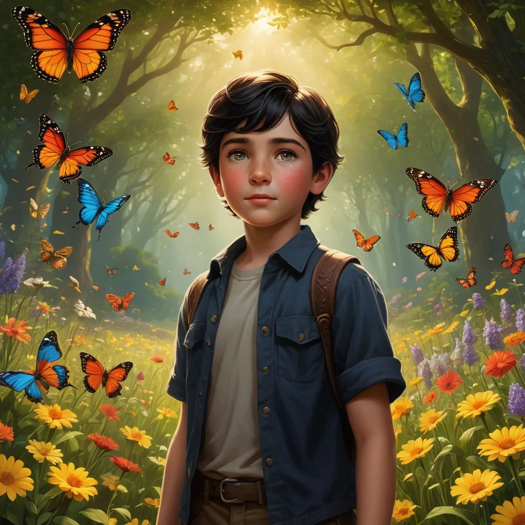 a boy standing in a field of flowers with butterflies flying around him and a forest of flowers behind him, magical realism, poster art, Aaron Jasinski, kinkade