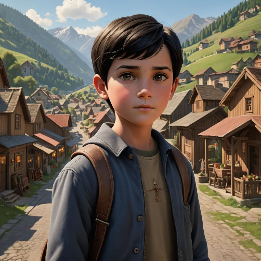 a boy with a backpack standing in front of a village with mountains in the background and a sky with clouds, photorealism, a detailed matte painting, Cedric Peyravernay, unreal engine highly rendered