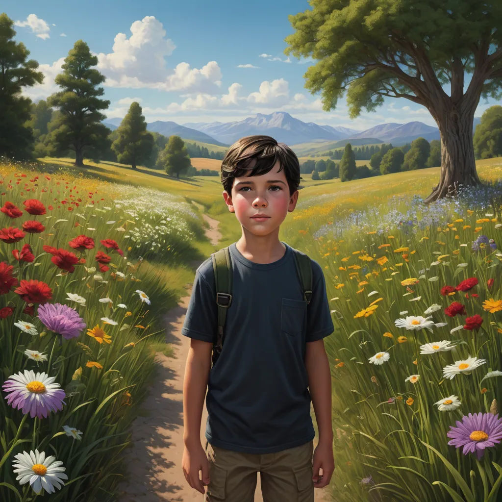 a painting of a boy standing in a field of flowers with a mountain in the background and a tree, american scene painting, a character portrait, Aaron Jasinski, magic the gathering artwork