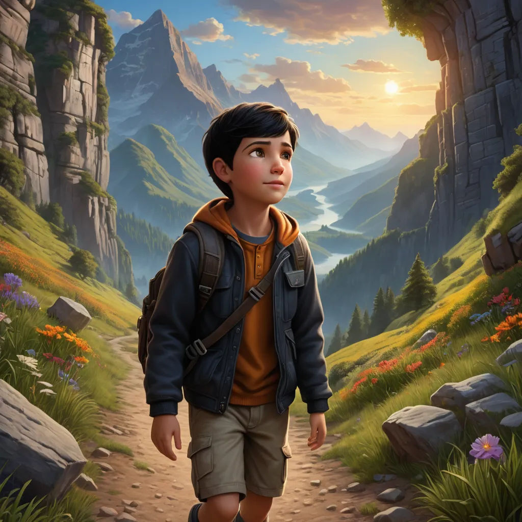a boy walking down a path towards a mountain range with a sunset in the background and a valley with flowers, photorealism, a detailed matte painting, Aaron Jasinski, rossdraws global illumination