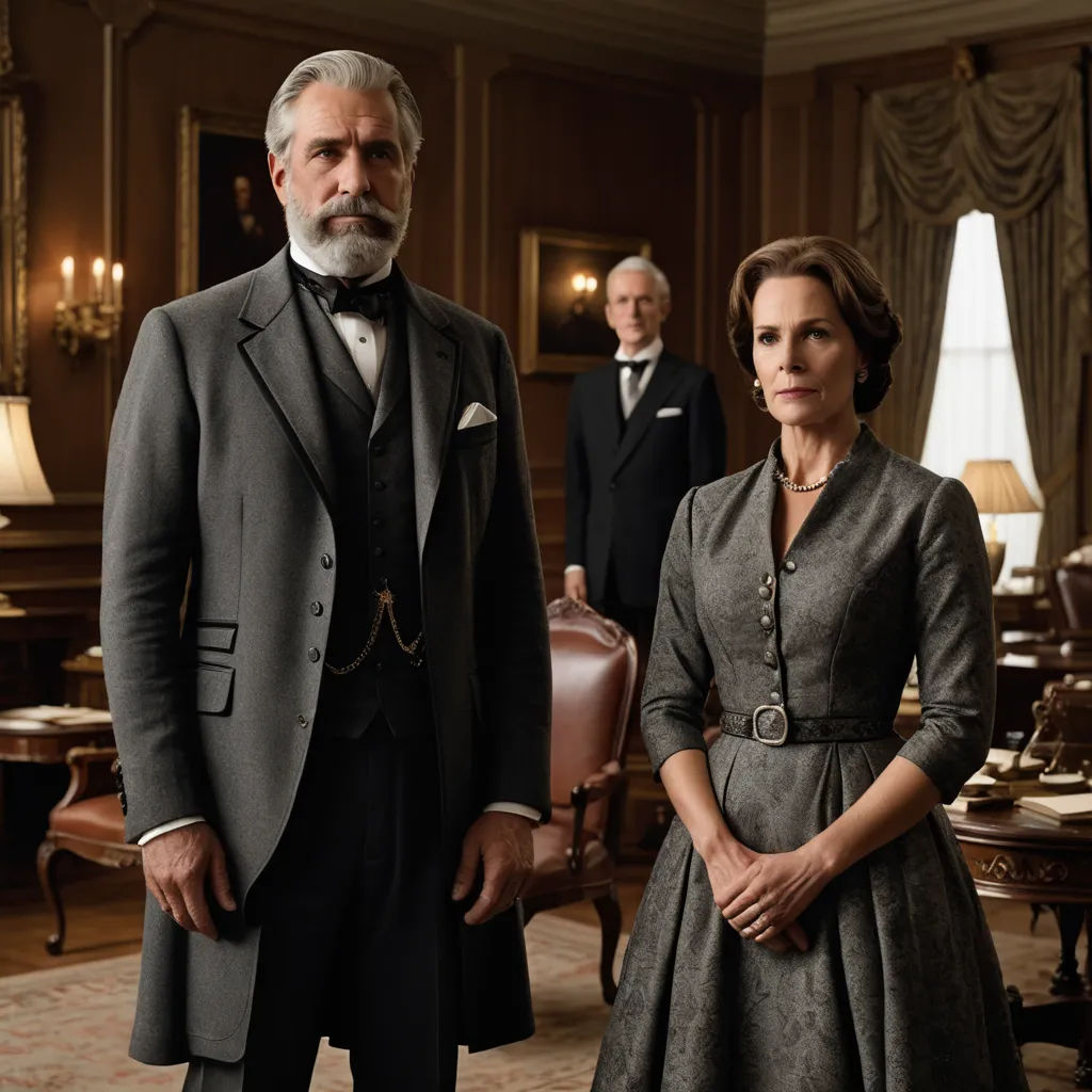 a man and a woman standing in a room with a man in a suit and tie and a woman in a dress, international gothic, a poster, Edward George Handel Lucas, promotional image