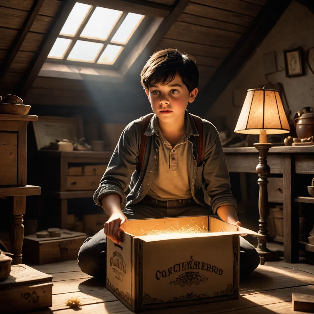 a boy sitting on the floor in a room with a box on the floor and a lamp on the floor, fantastic realism, poster art, Diego Gisbert Llorens, vfx