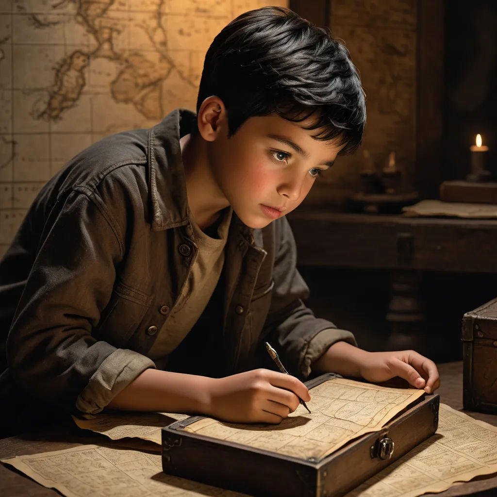 a boy is writing on a piece of paper with a pen and a box on the table next to him, art & language, a detailed matte painting, Diego Gisbert Llorens, promotional image