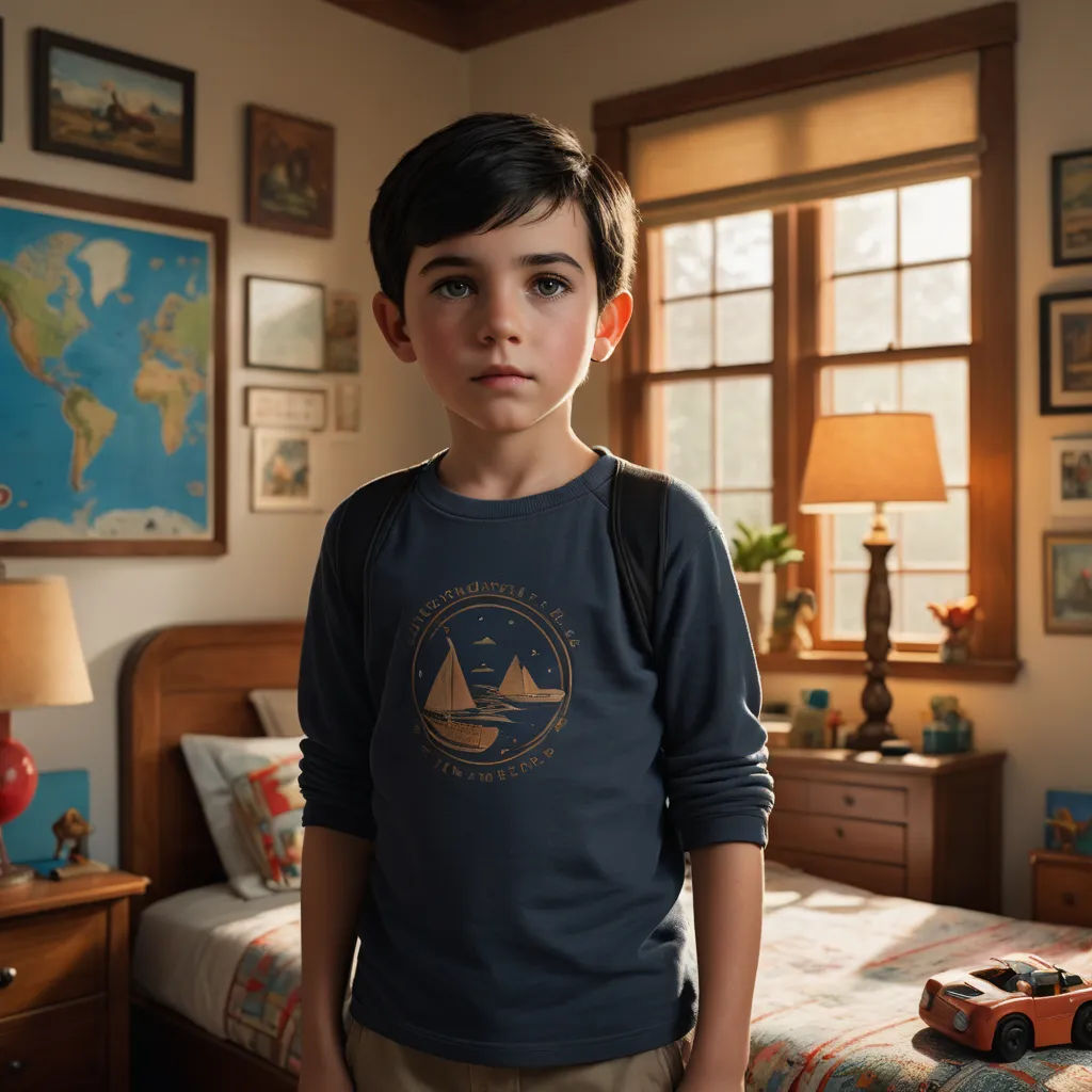 a young boy standing in a bedroom with a map on the wall behind him and a toy car on the bed, photorealism, a detailed matte painting, Adam Rex, promotional image