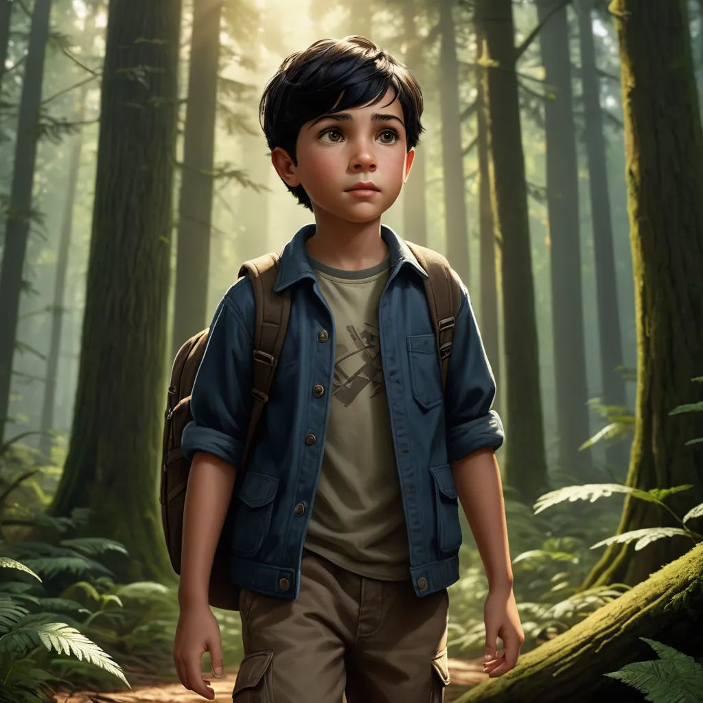 a boy in a forest with a backpack on his back and a backpack on his shoulder, looking up at the camera, photorealism, a character portrait, Aaron Jasinski, promotional image