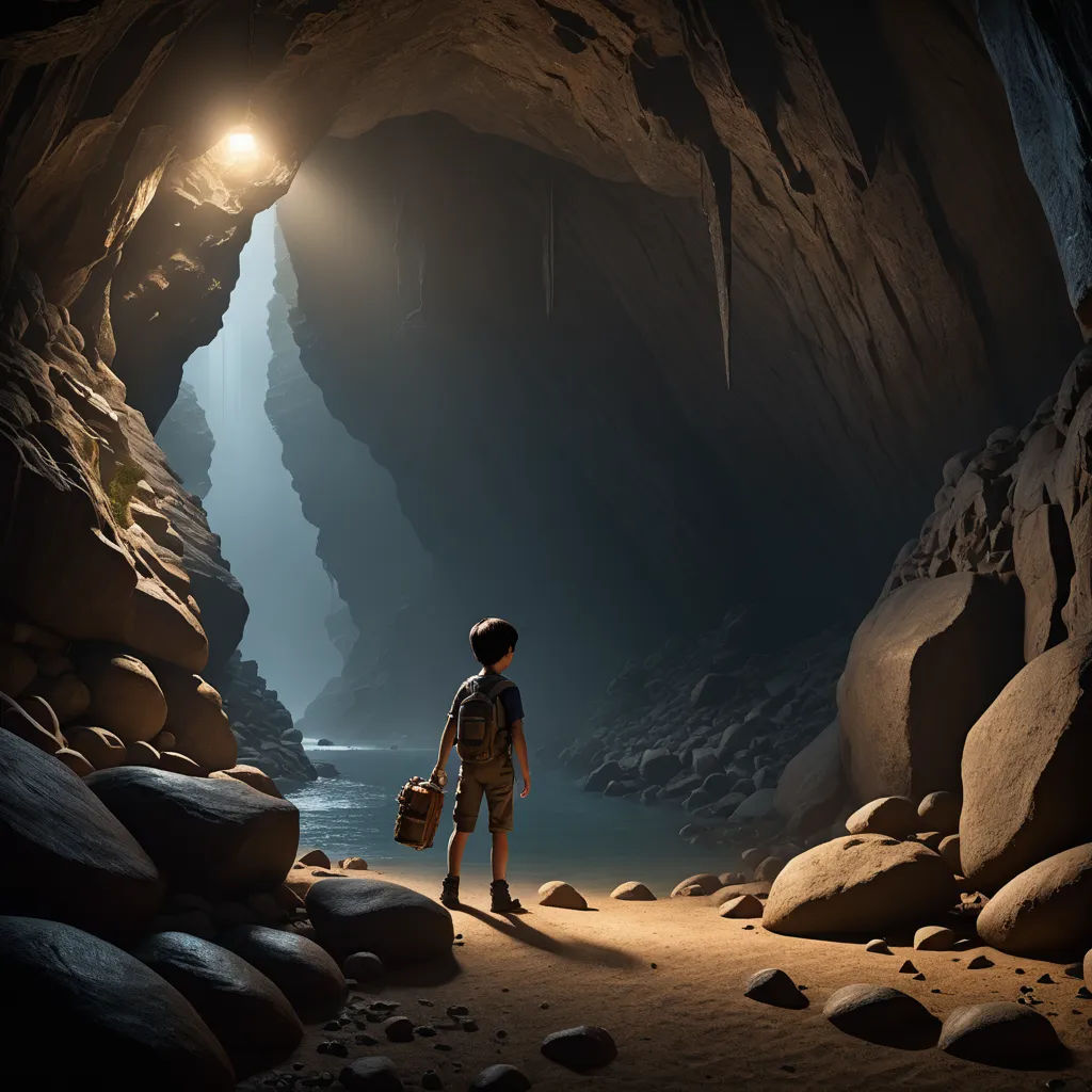 a man standing in a cave with a light on his head and a bag in his hand, looking at the water, photorealism, a cave painting, Cliff Childs, promotional image
