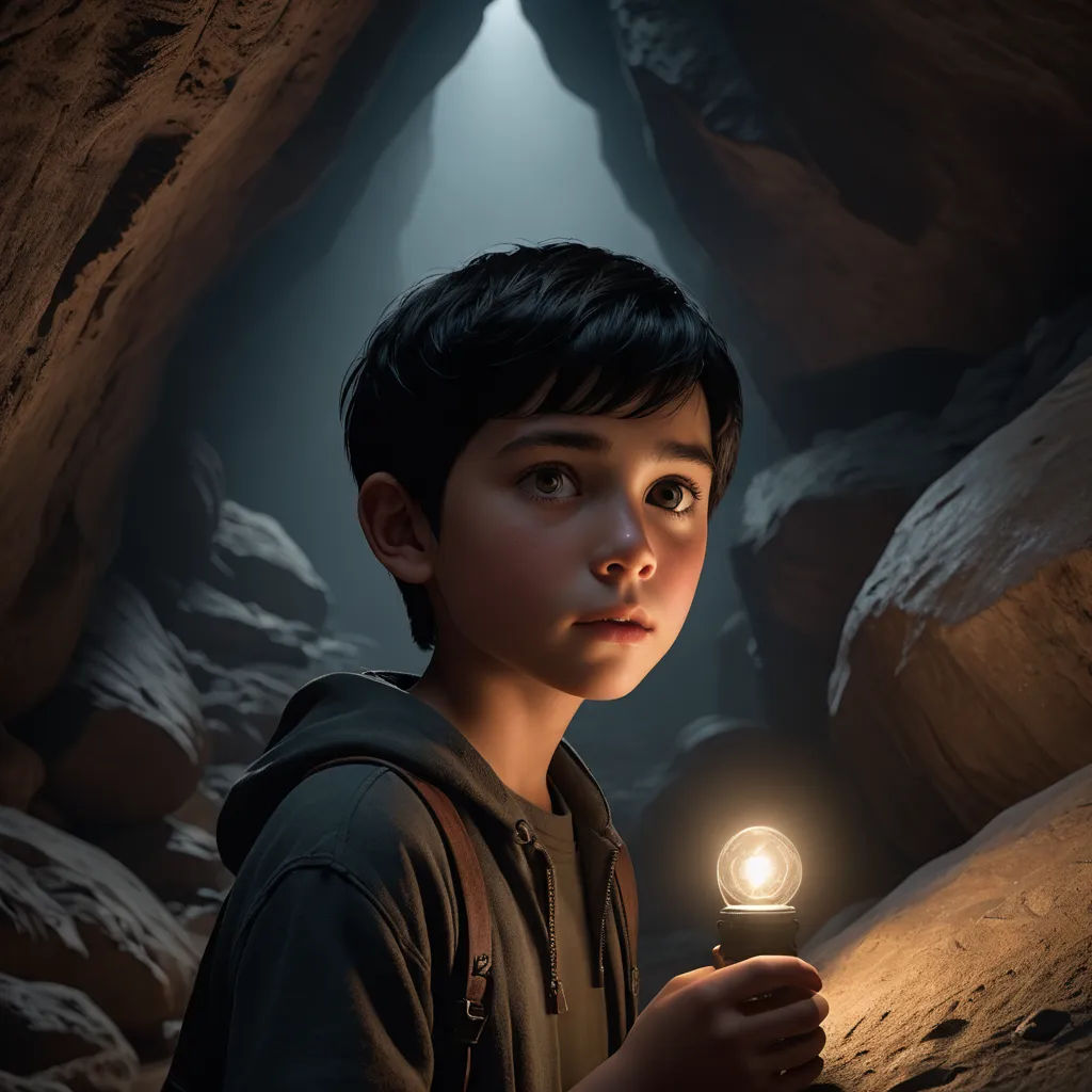 a boy holding a flashlight in a cave with a light shining on him and a cave entrance in the background, photorealism, poster art, Cliff Childs, unreal engine highly rendered