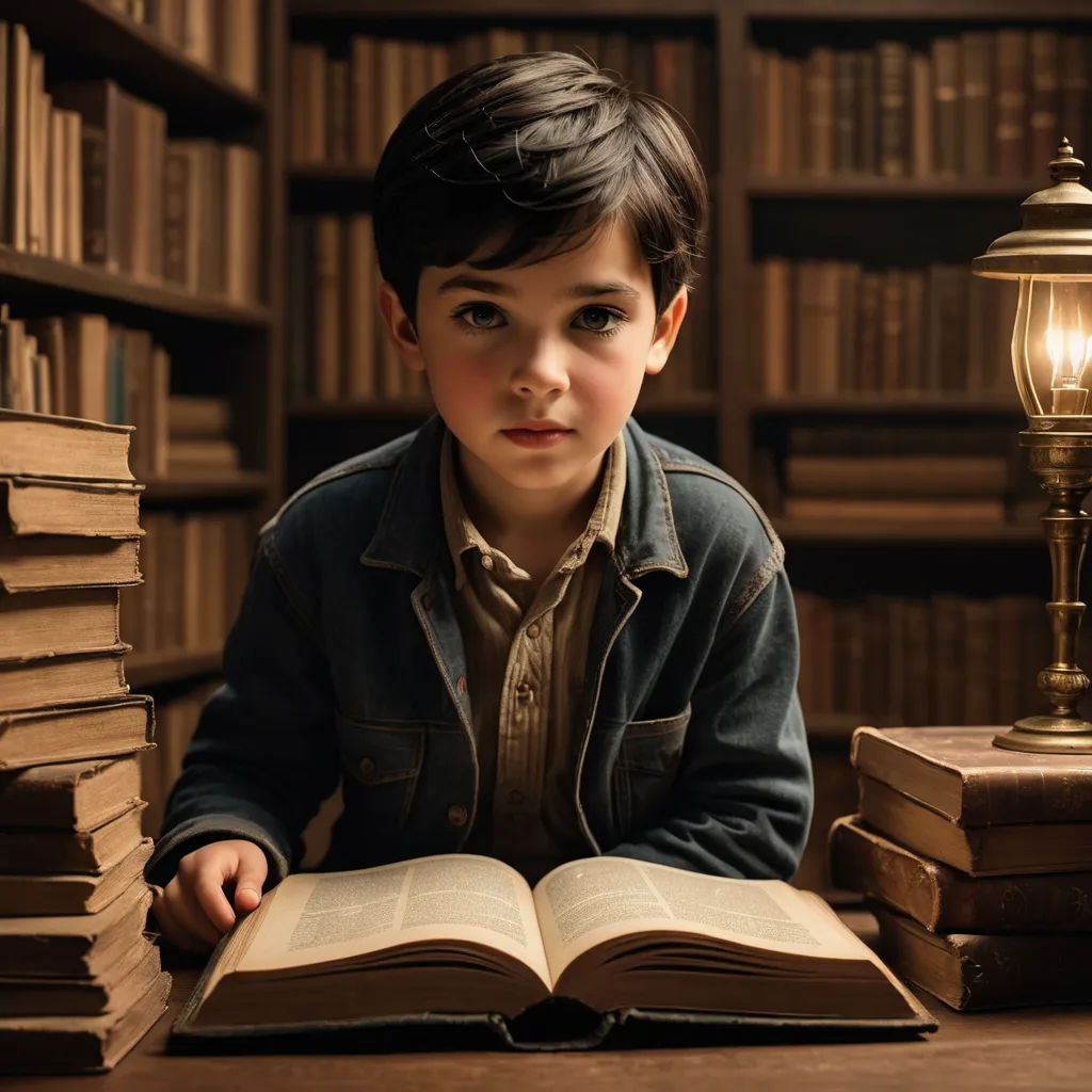 a young boy sitting at a table with a book in front of him and a lamp on the table, art photography, a storybook illustration, Diego Gisbert Llorens, kai carpenter