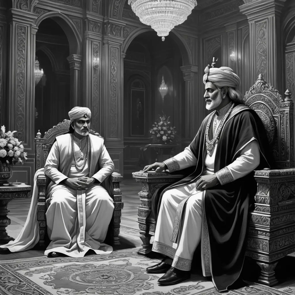 a painting of two men sitting on chairs in a room with chandeliers and a chandelier, samikshavad, an ultrafine detailed painting, Bholekar Srihari, official art