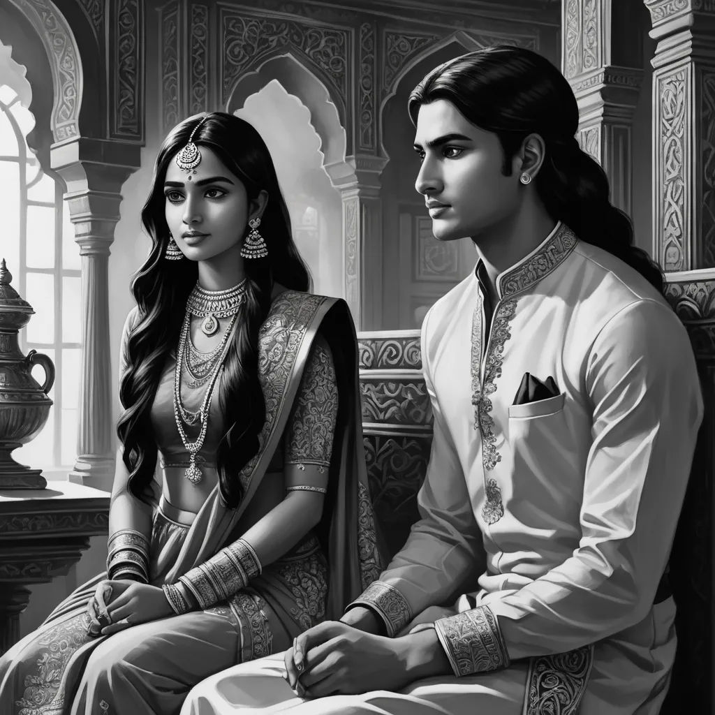 a man and woman sitting next to each other on a bed in a room with a window and a vase, samikshavad, a storybook illustration, Altoon Sultan, storybook illustration