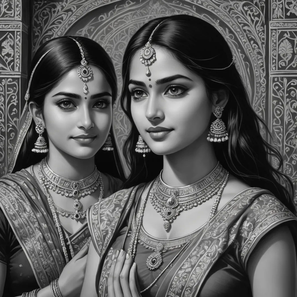 two women in indian clothing are posing for a picture together, one is wearing a traditional indian headpiece, figurative art, an ultrafine detailed painting, Brad Kunkle, highly detailed digital painting