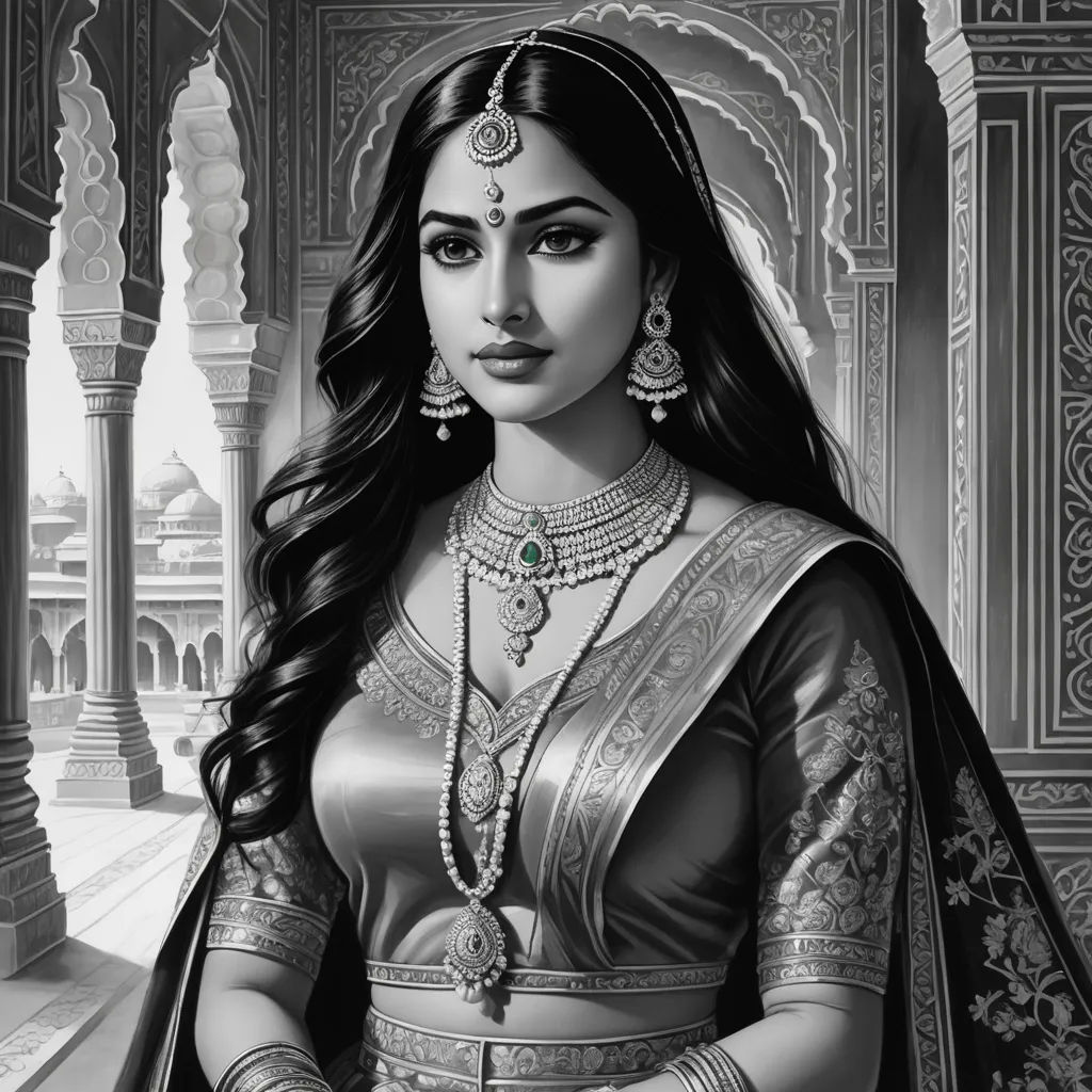 a woman in a black and white drawing of a woman in a sari and jewelry, with a white background, gothic art, an ultrafine detailed painting, Altoon Sultan, highly detailed digital painting