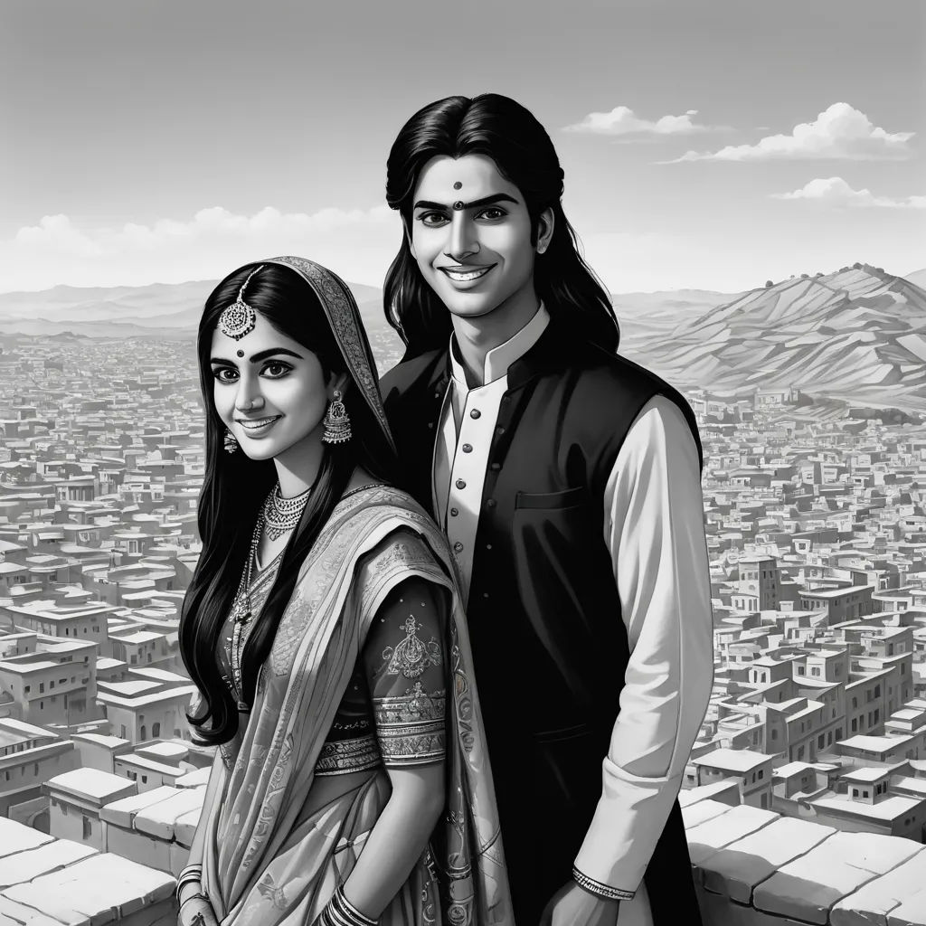 a couple standing next to each other in front of a cityscape with mountains in the background and a sky line, hurufiyya, a storybook illustration, Altoon Sultan, storybook illustration
