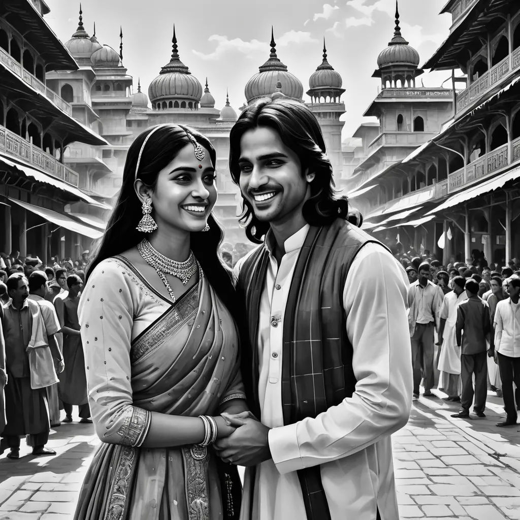 a man and woman standing next to each other in front of a crowd of people in a courtyard of a building, samikshavad, a black and white photo, Bholekar Srihari, promotional image