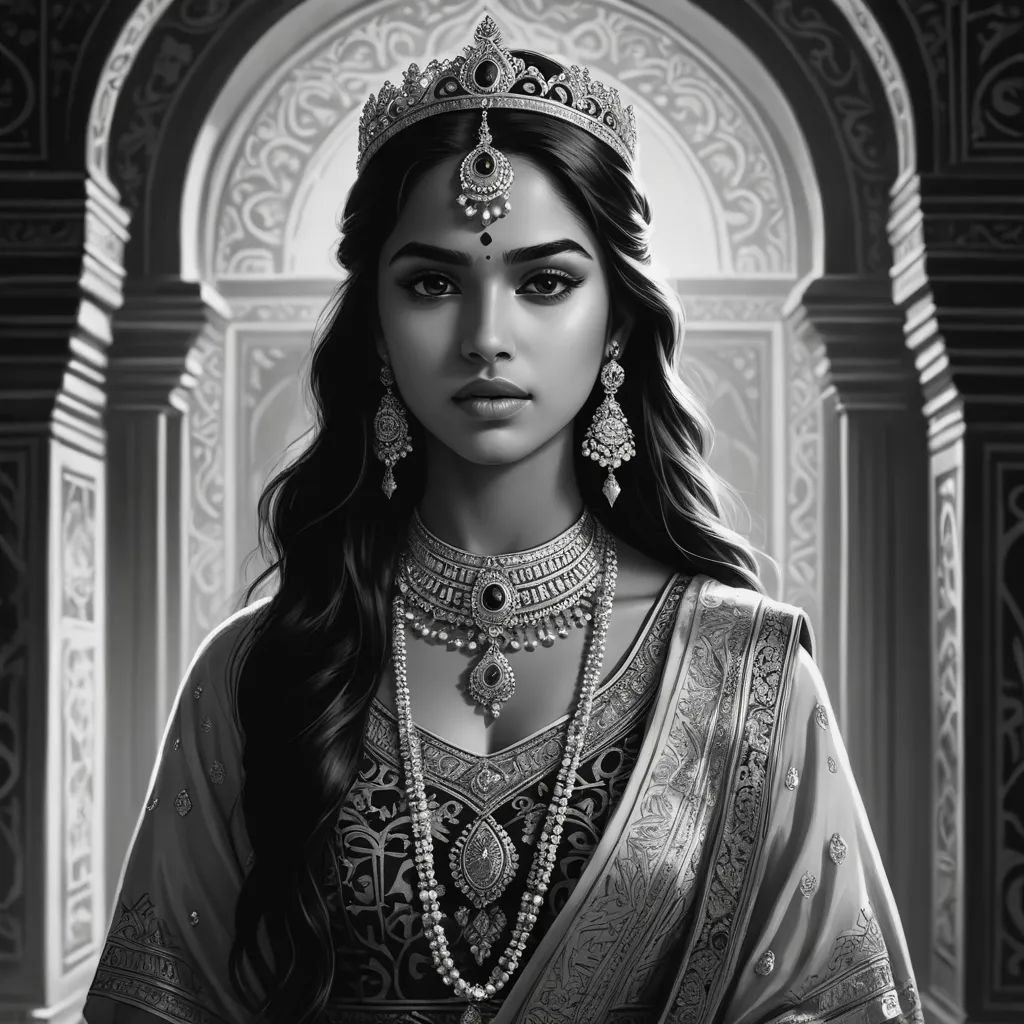 a woman in a tiara and jewelry in a black and white photo by a doorway with arches and arches, fantasy art, an ultrafine detailed painting, Charlie Bowater, regal