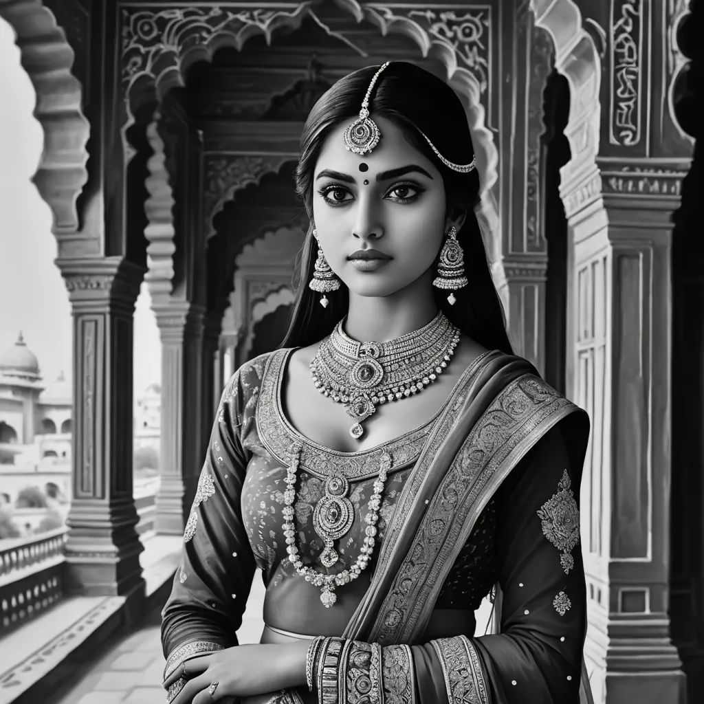 a woman in a sari and jewelry poses for a picture in a black and white photo with a temple in the background, photorealism, a photorealistic painting, Bholekar Srihari, highly detailed digital painting