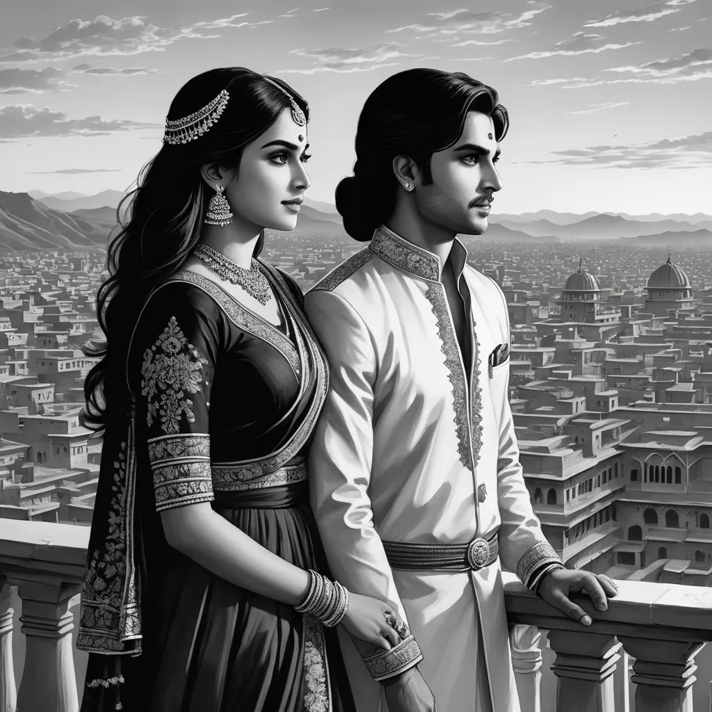 a man and a woman standing on a balcony looking at the city below them with a sky background and a black and white drawing of a city, qajar art, an ultrafine detailed painting, Altoon Sultan, highly detailed digital painting