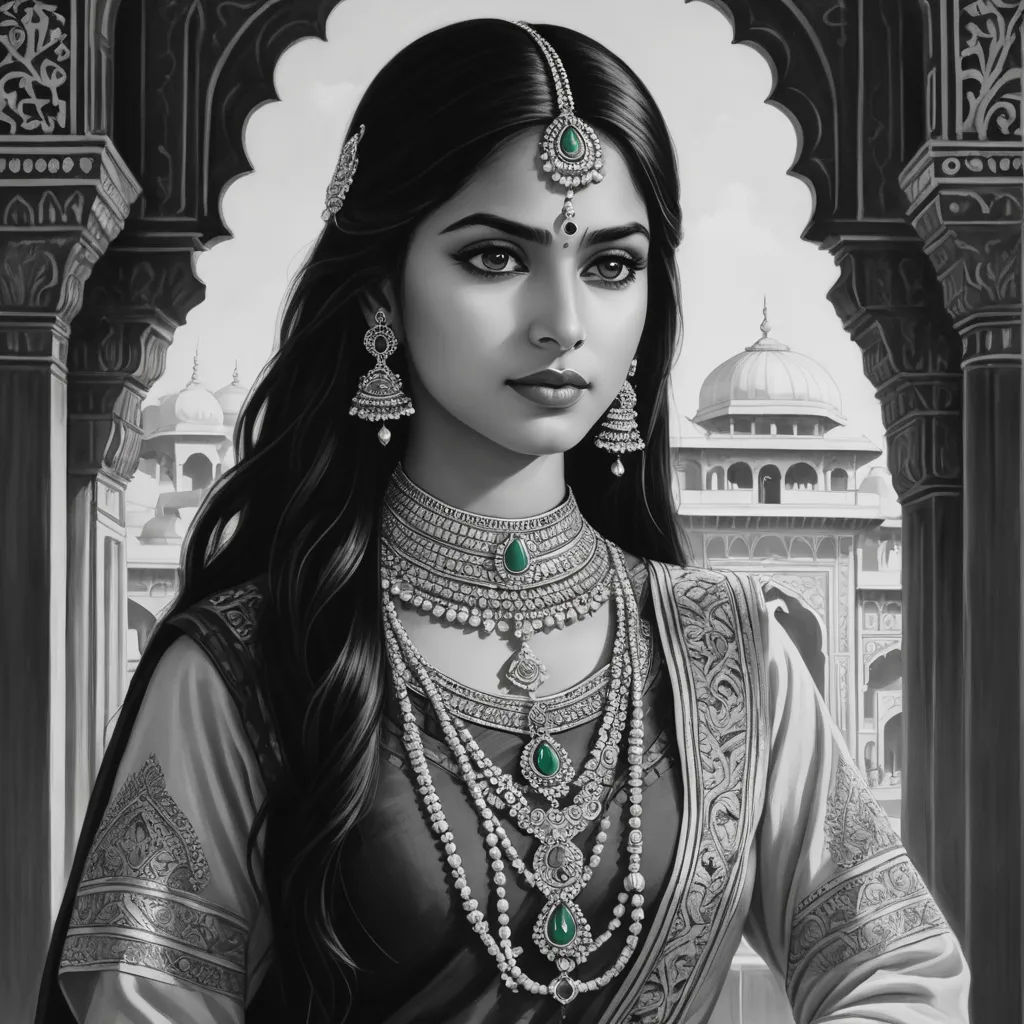 a woman in a black and white drawing of a woman wearing a necklace and earrings with a temple in the background, fantasy art, an ultrafine detailed painting, Charlie Bowater, highly detailed digital painting