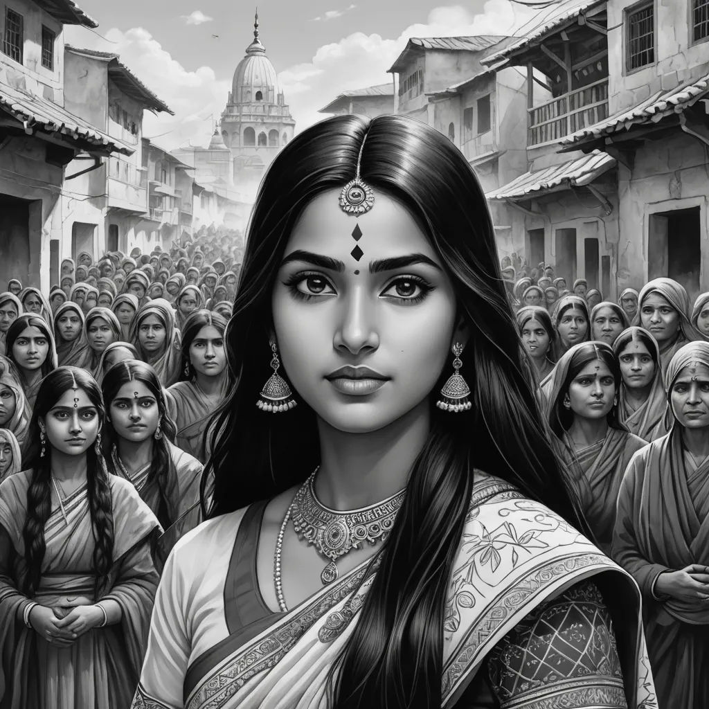 a woman in a crowd of people with a black and white painting of her face and head in the center, samikshavad, a detailed painting, Ella Guru, comic cover art