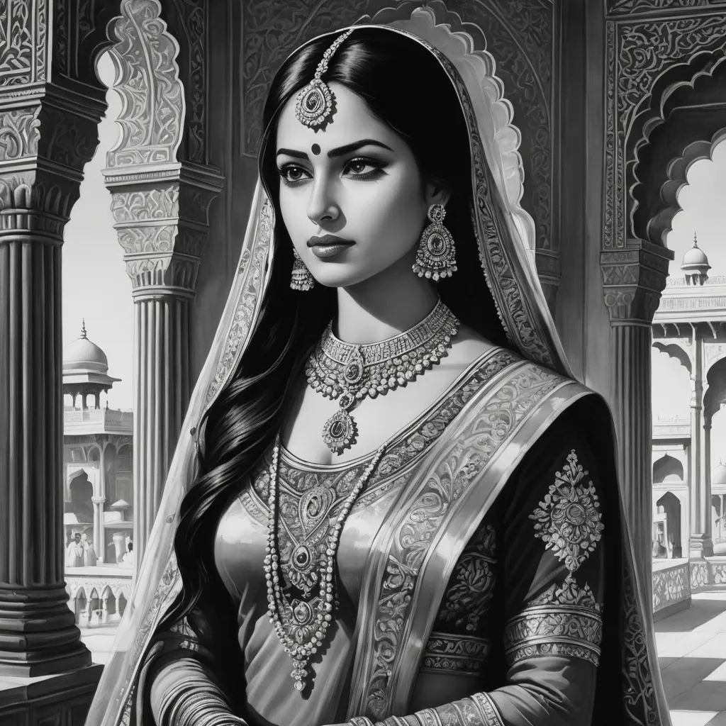 a woman in a traditional indian dress with a veil and jewelry on her head, standing in a courtyard, qajar art, an ultrafine detailed painting, Altoon Sultan, highly detailed digital painting