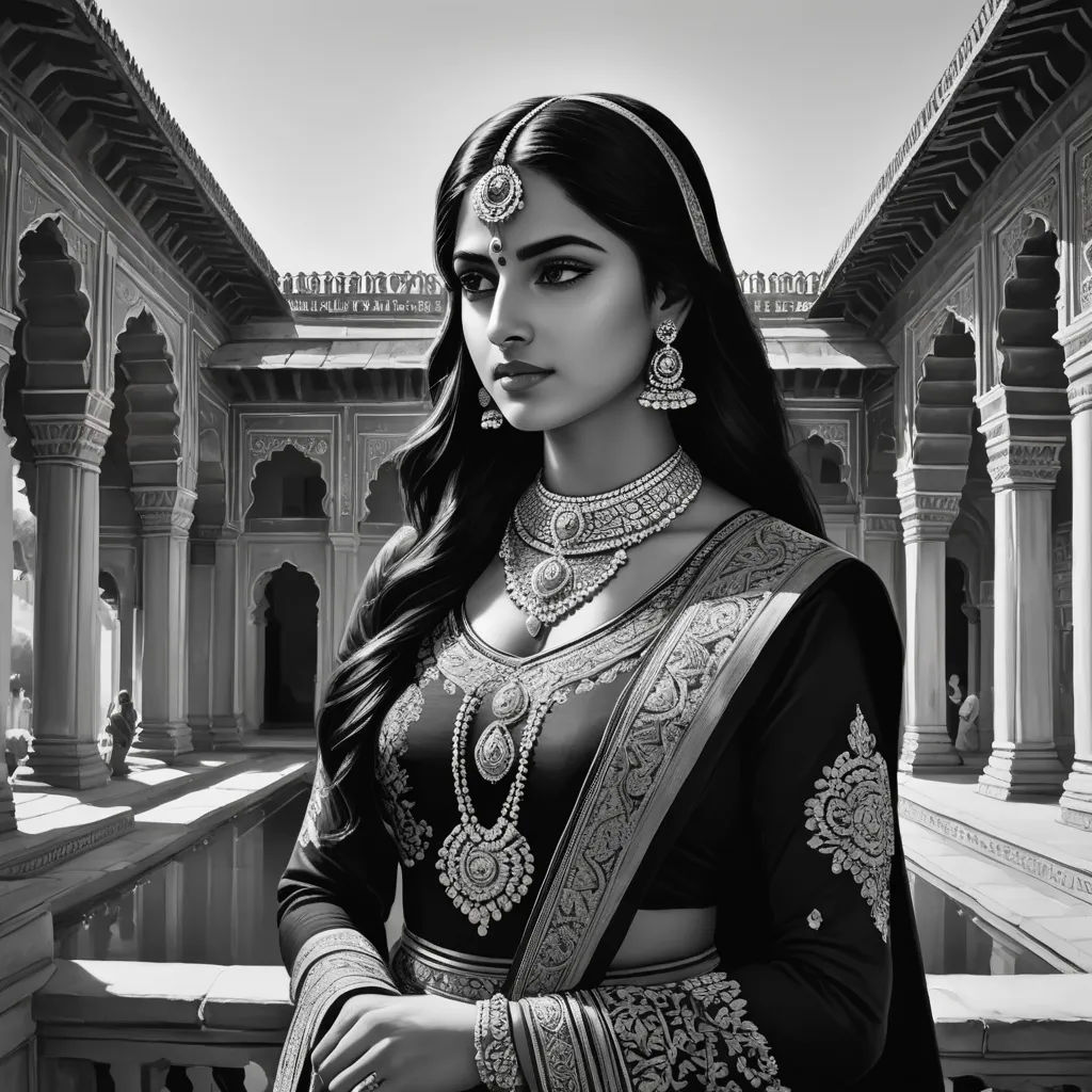a woman in a black and white photo wearing a sari and jewelry, standing in front of a building, photorealism, a photorealistic painting, Altoon Sultan, highly detailed digital painting