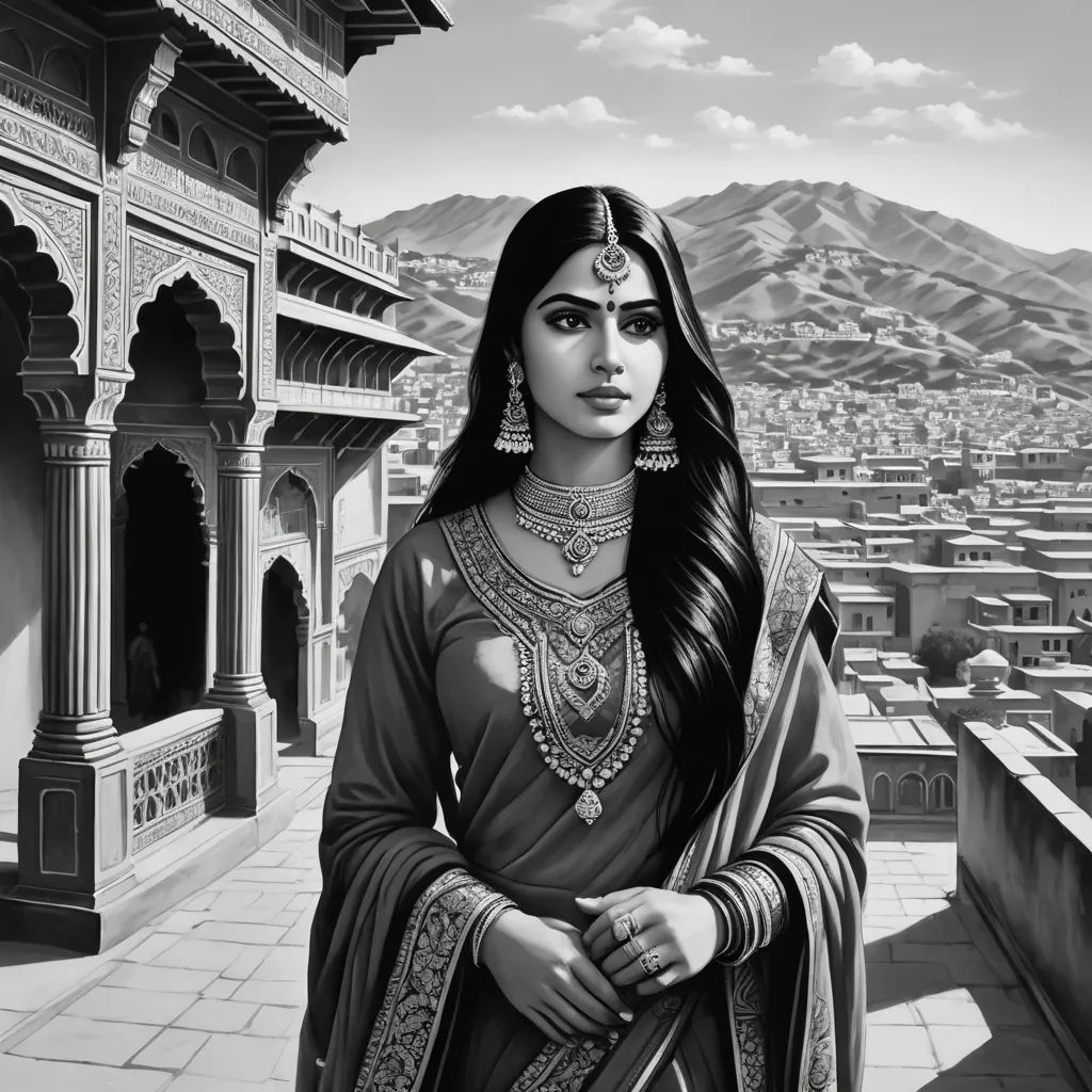 a woman in a black and white photo with a mountain in the background and a city in the background, fantasy art, an ultrafine detailed painting, Chris Rallis, highly detailed digital painting