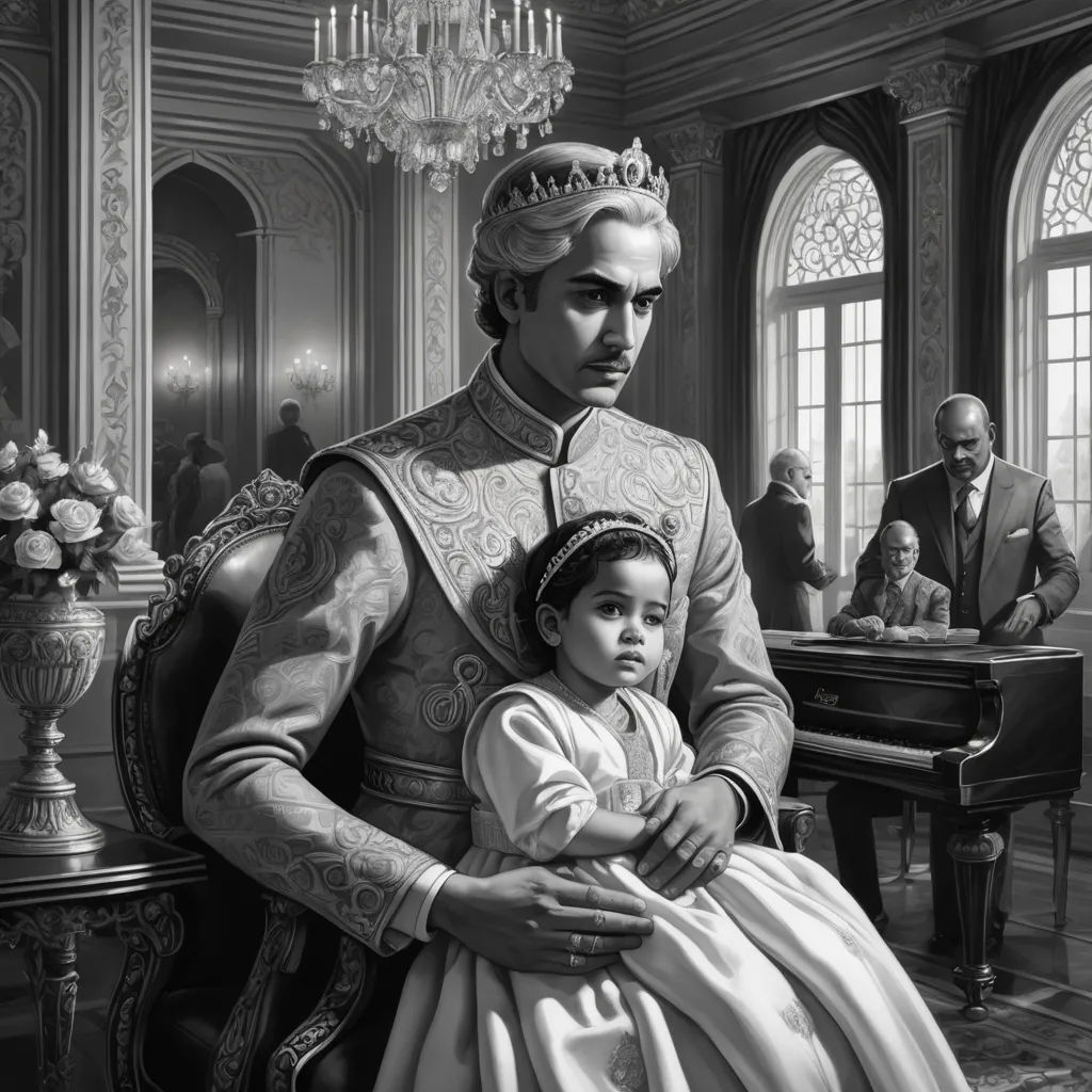 a man in a suit and a little girl in a dress are standing in front of a piano and a man in a suit and tie is holding a little girl, qajar art, an ultrafine detailed painting, Charlie Bowater, official art