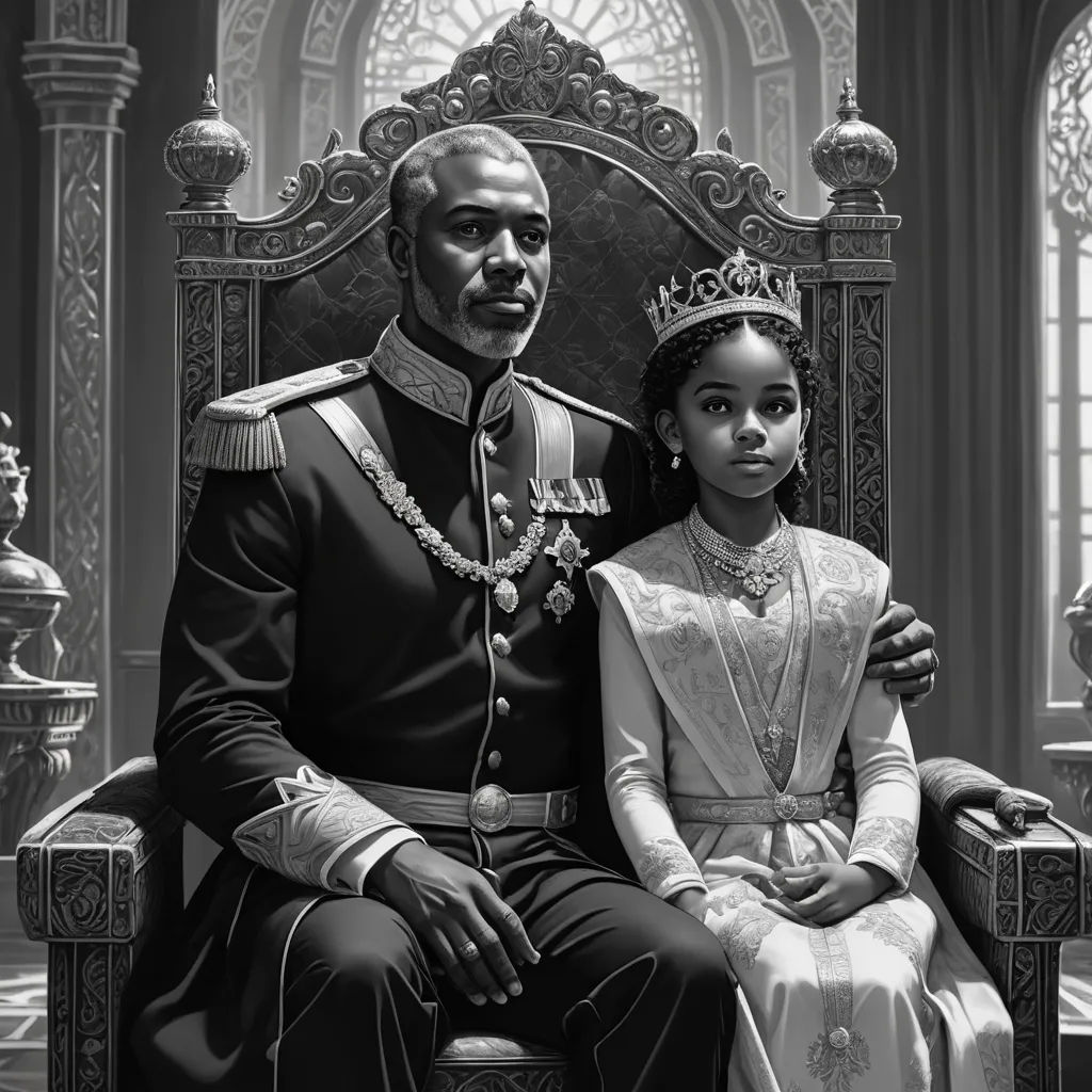 a black and white photo of a man and a woman sitting on a throne with a crown on their head, sots art, an ultrafine detailed painting, Charles Bird King, official art
