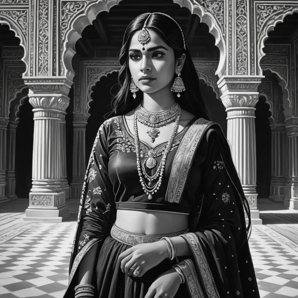 a woman in a black and white outfit standing in front of a building with a checkered floor and pillars, fantasy art, an ultrafine detailed painting, Charlie Bowater, highly detailed digital painting