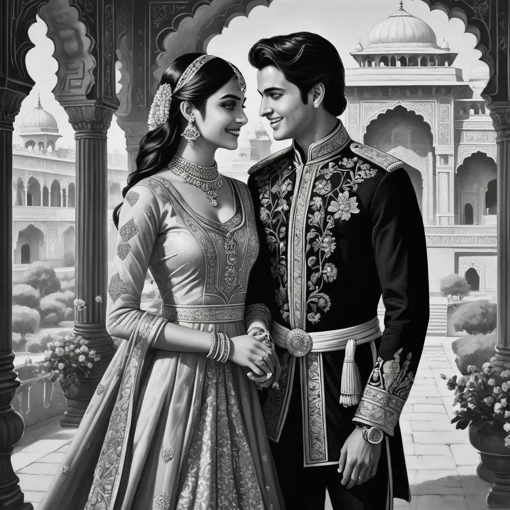 a man and woman in a wedding dress standing next to each other in front of a palace with a fountain, qajar art, an ultrafine detailed painting, Altoon Sultan, highly detailed digital painting