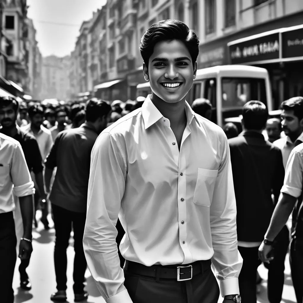 a man in a white shirt and black pants standing in a crowded street with a bus in the background, samikshavad, a black and white photo, Bikash Bhattacharjee, jayison devadas
