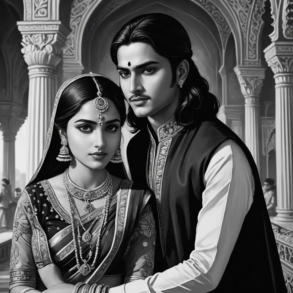a man and woman in traditional indian clothing standing together in front of a building with pillars and pillars in the background, samikshavad, an ultrafine detailed painting, Altoon Sultan, highly detailed digital painting