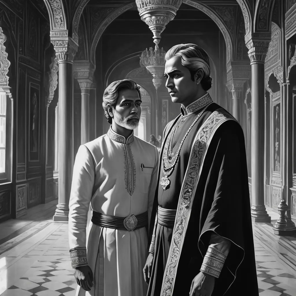 a man and a woman in a palace setting, standing next to each other, in black and white, bengal school of art, a detailed matte painting, Bholekar Srihari, oil on canvas. cinematic