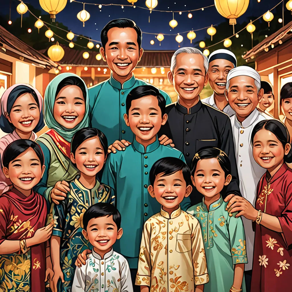 a family portrait with a man and woman and children in front of a store front window with lanterns overhead, sots art, a storybook illustration, Basuki Abdullah, official art