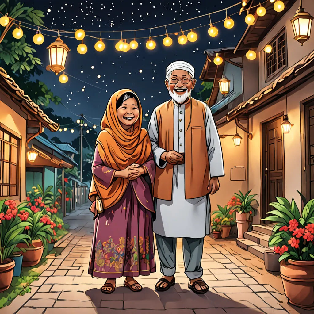 a couple of people standing next to each other on a street at night with lights strung above them and a building with a lot of flowers, hurufiyya, a storybook illustration, Ella Guru, storybook illustration