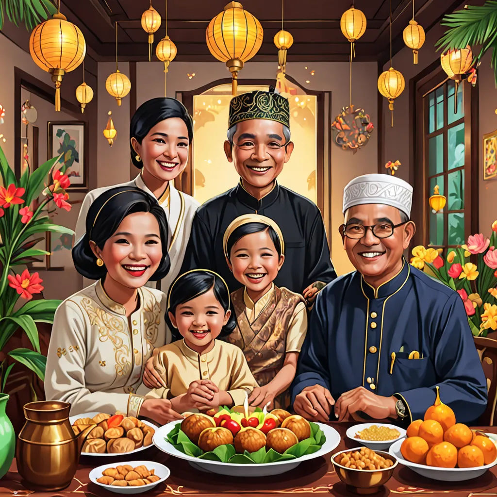 a family is gathered around a table with food on it and a lantern hanging above them, and a painting of a family, sumatraism, a storybook illustration, Ding Guanpeng, highly detailed digital painting