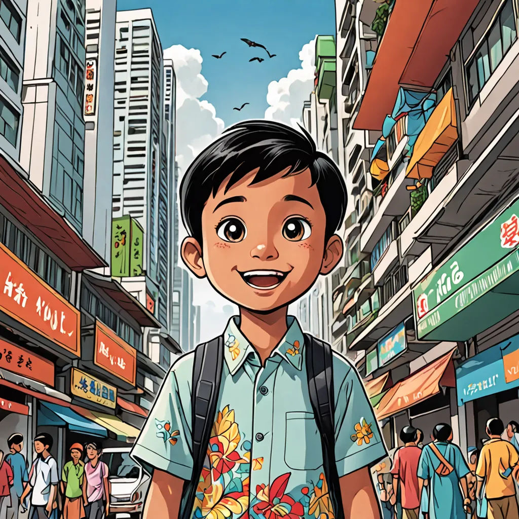 a cartoon boy with a backpack on a busy street in a city with tall buildings and pedestrians in the background, regionalism, a comic book panel, Asaf Hanuka, comic cover art