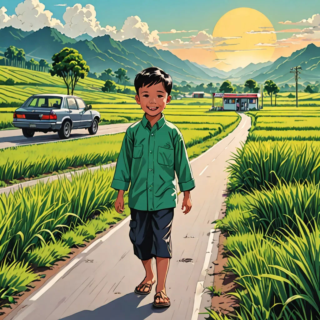a painting of a boy walking down a road with a car in the background and a car on the road, environmental art, a storybook illustration, Asaf Hanuka, yukito kishiro