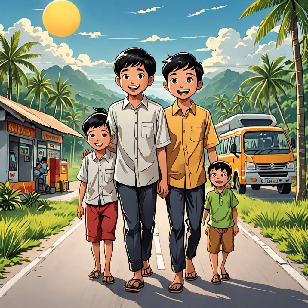a family of three walking down a road with a bus in the background and a bus stop in the foreground, lyco art, a storybook illustration, Fernando Amorsolo, official art