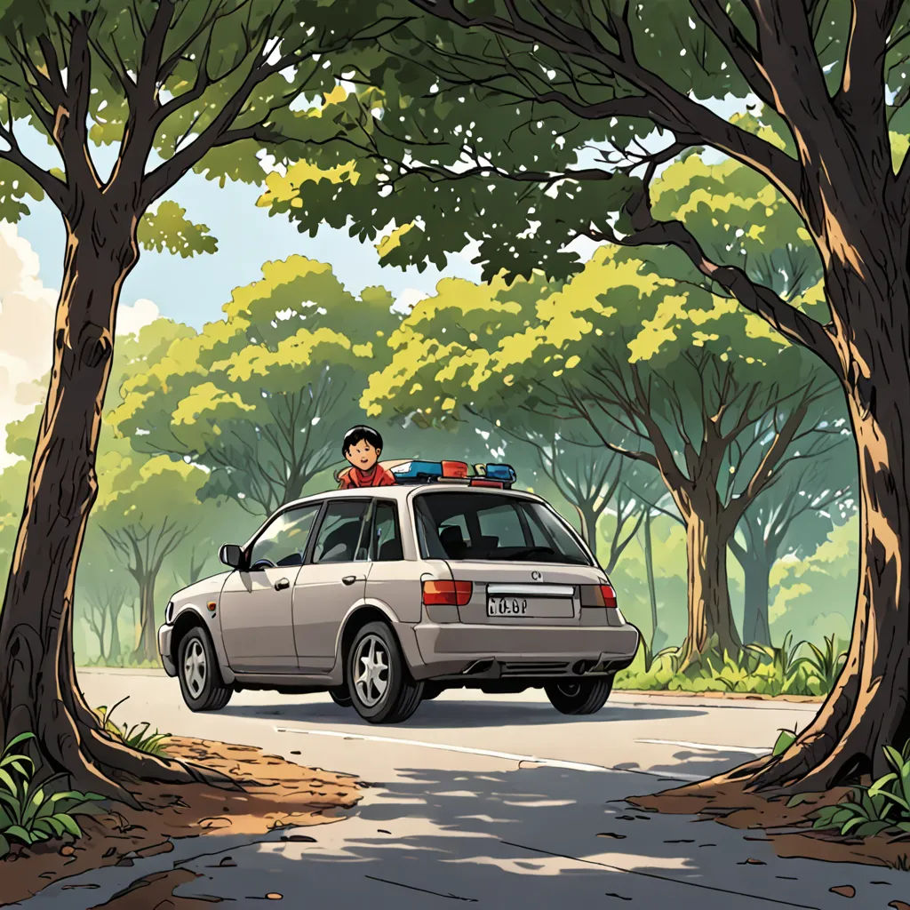 a car with a man sitting on top of it driving down a road next to trees and a forest, serial art, a comic book panel, Asaf Hanuka, ghibli