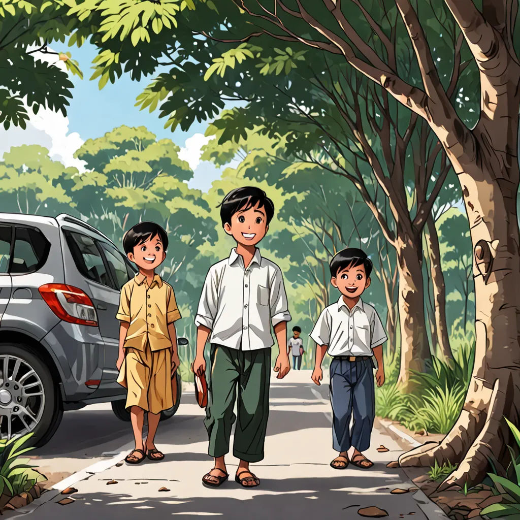 a family walking down a road in front of a car with a child on the side of the road, plein air, a storybook illustration, Ding Guanpeng, official art
