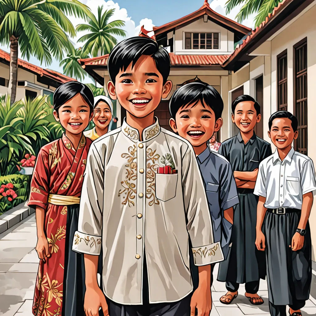 a group of people standing in front of a building with a boy in a white shirt and a boy in a red shirt, sumatraism, a storybook illustration, Basuki Abdullah, graphic novel
