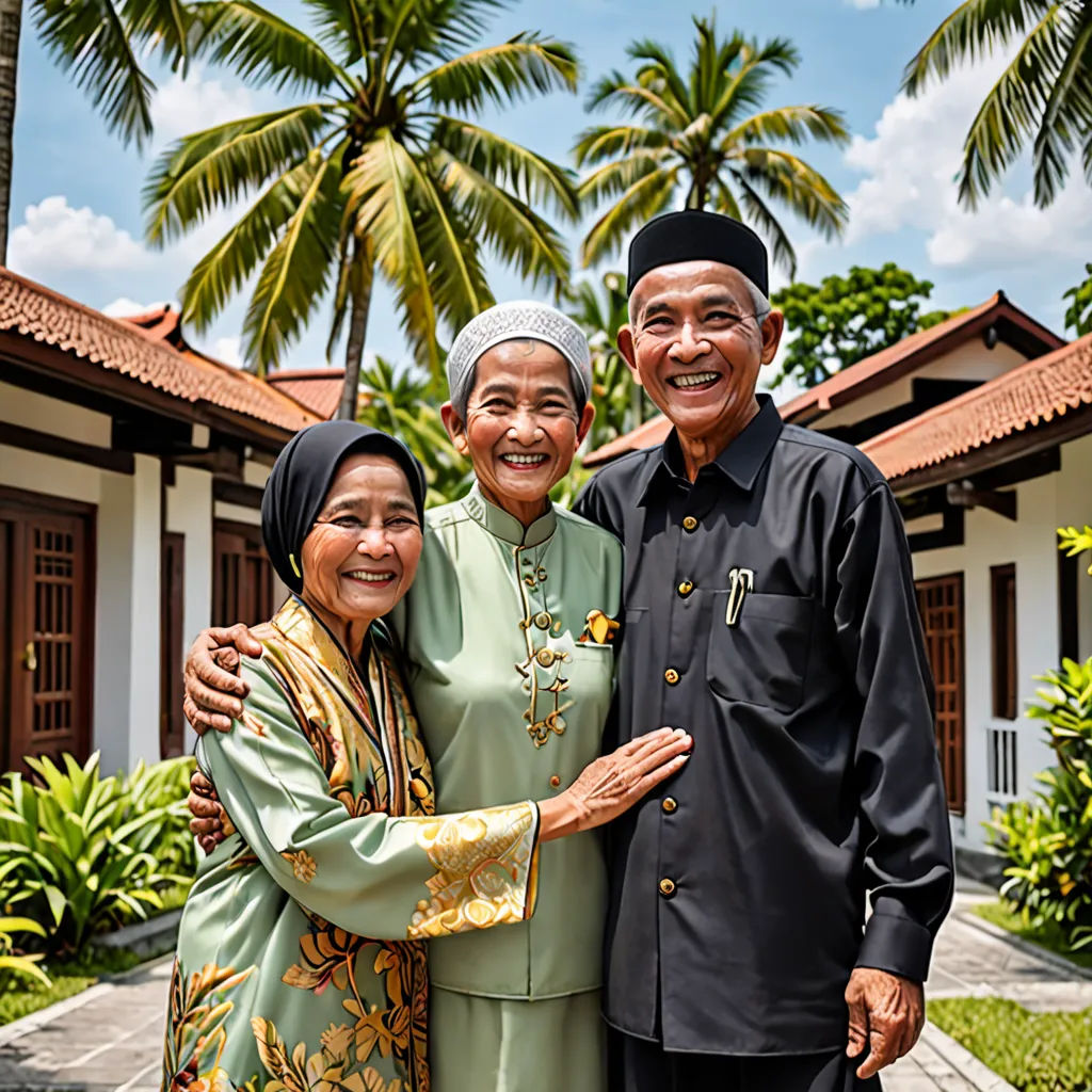 a couple of people standing next to each other near a building with palm trees in the background and a blue sky, sumatraism, a stock photo, Basuki Abdullah, portrait photography