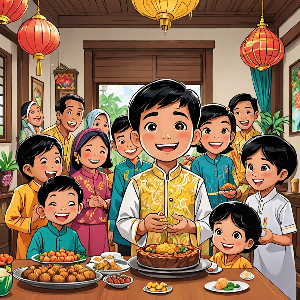 a cartoon of a family celebrating a birthday with a cake and other food items on the table and a man holding a lit candle, regionalism, a storybook illustration, Ding Guanpeng, promotional image